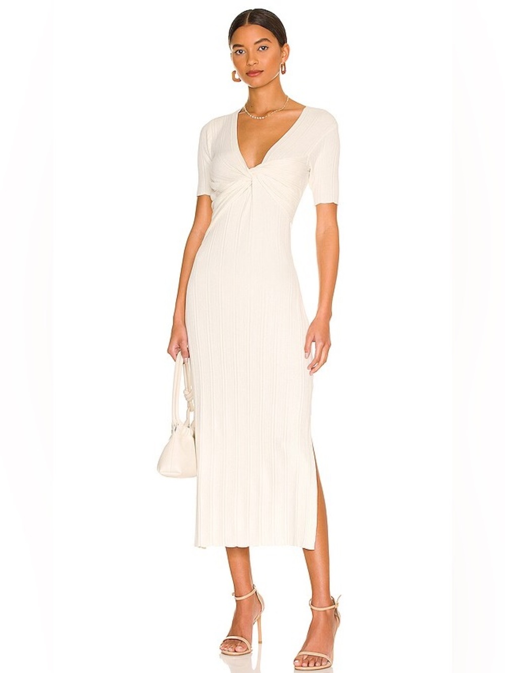 Frame Twist-Front Midi Sweater Dress Short Sleeves Layered Wrap Size XS BONE